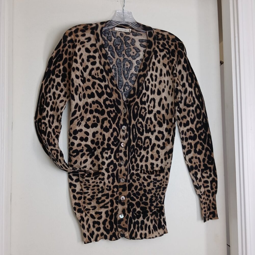 Leopard Print 100% Cotton V-Neck Abalone Button-Up Cardigan With Pockets Sz L